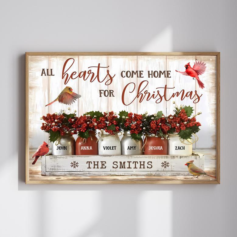 Personalized Family Christmas Canvas - Custom Names, Cardinal Design, All Hearts Come Home | Familywalldecor AU