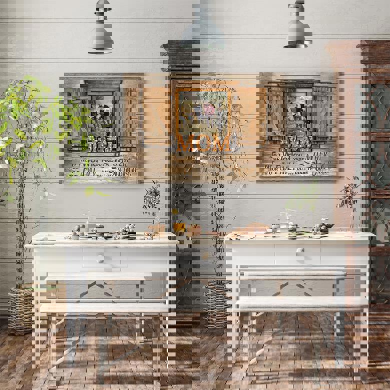 Mother love quote canvas wall art, rustic reclaimed wood look, vertical orientation, neutral palette for living room decor.