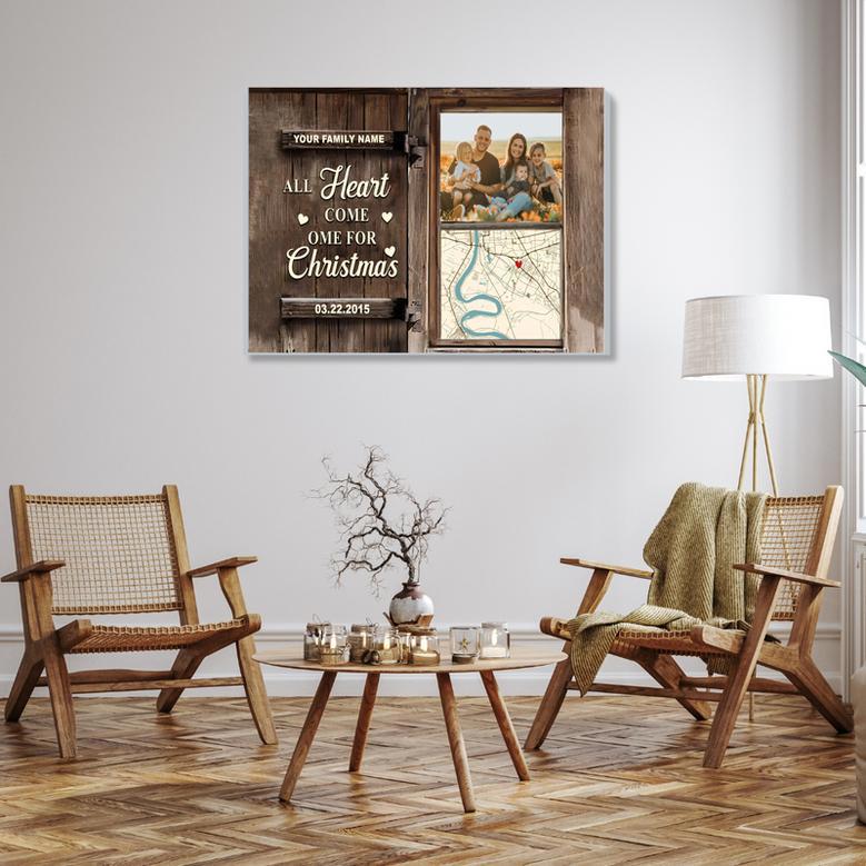 All Heart Come Home For Christmas Custom Map and Family Photo Canvas.