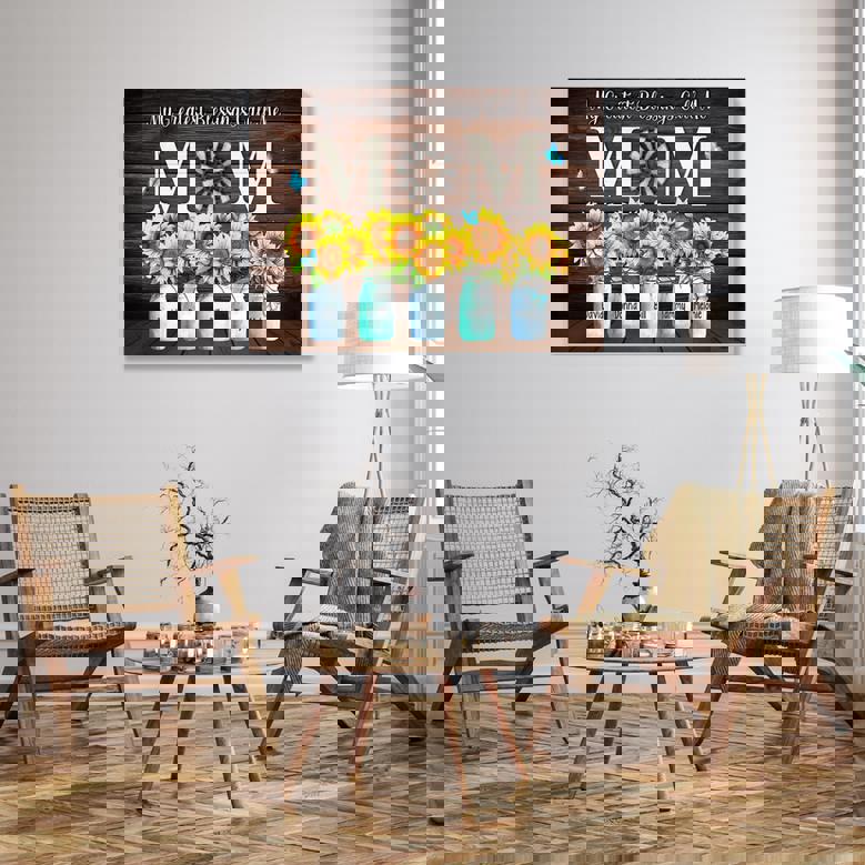 Mom quote canvas wall art, sunflower on white background, personalized children's names and birthdates, portrait orientation