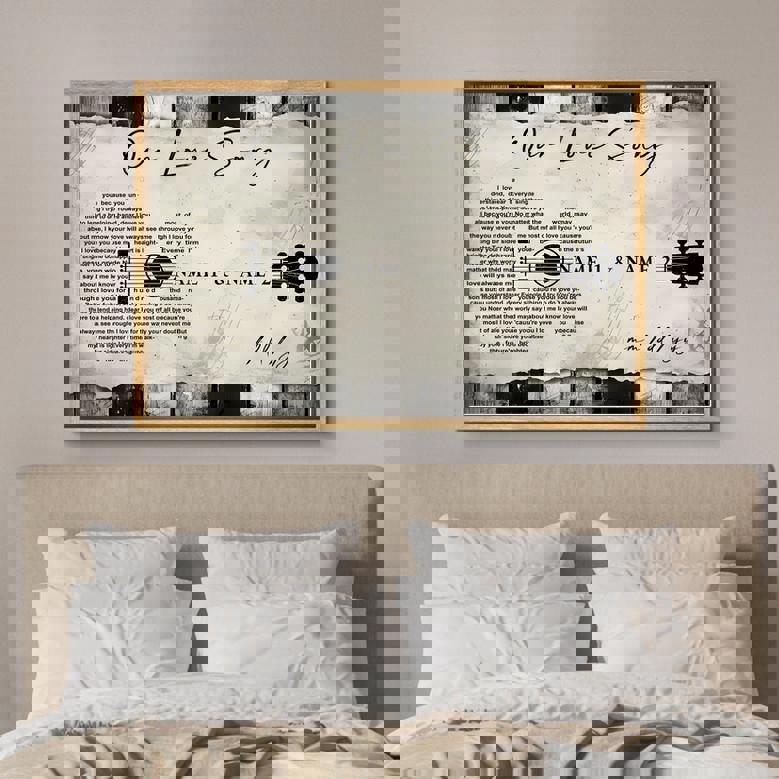 Personalized guitar-shaped canvas with custom song lyrics, vintage parchment, portrait; timeless anniversary gift for him