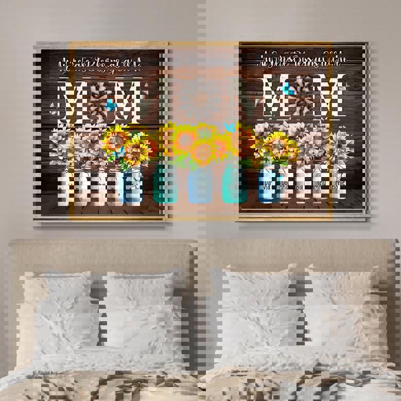 Mom canvas wall art sunflower watercolor, My Greatest Blessings Call Me Mom, custom family names, beige, bedroom decor