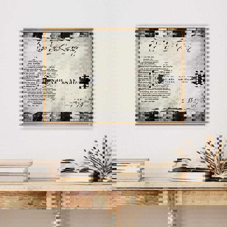 Personalized guitar-shaped canvas with custom song lyrics, black chalkboard style, portrait; music room decor for guitar fans