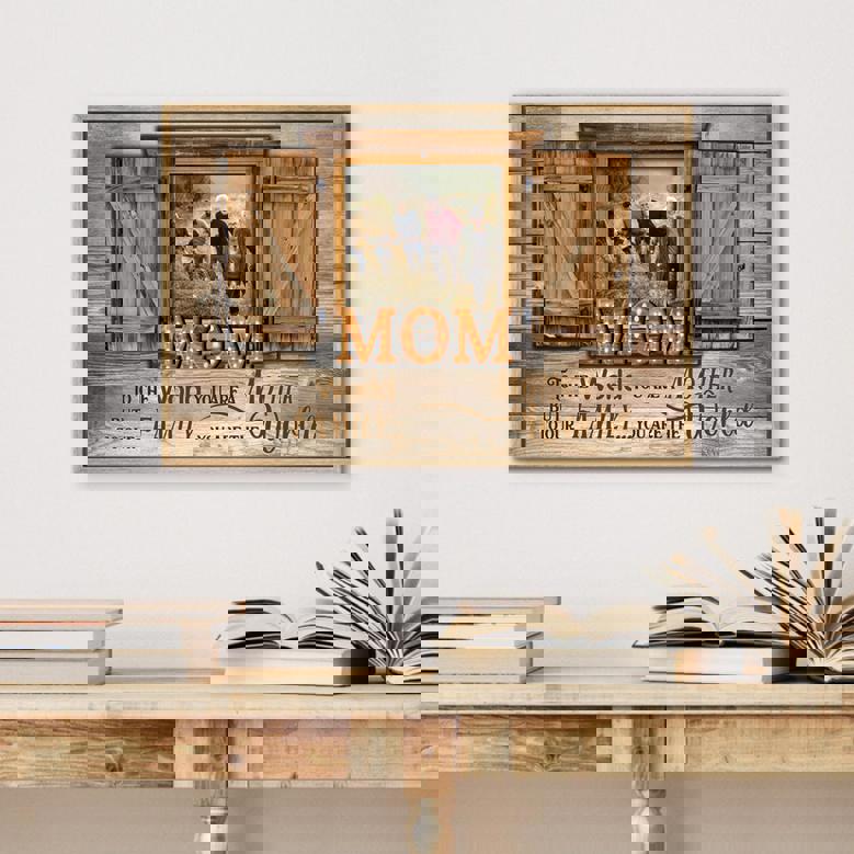 Mother tribute quote canvas wall art, rustic burlap texture print, cream and gray palette, lovely Christmas gift for mom.