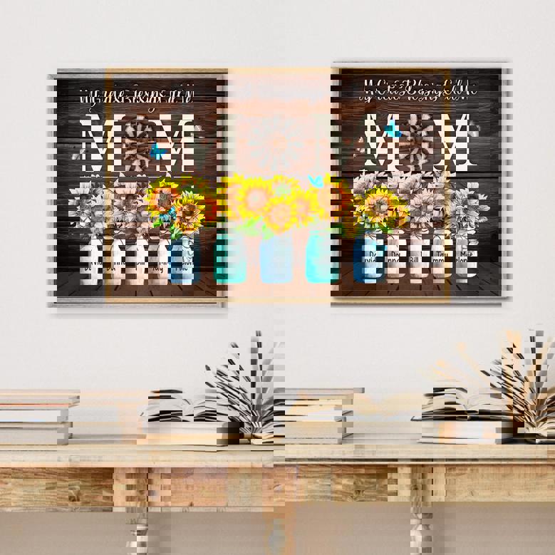 Mom canvas wall art, sunflower on black chalkboard style, personalized kids' names, living room Mother's Day gift for Mom