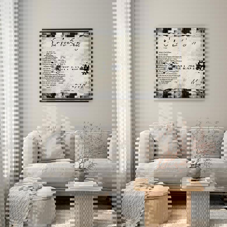 Personalized guitar-shaped canvas with custom song lyrics, navy background, portrait; sleek anniversary gift for a music lover