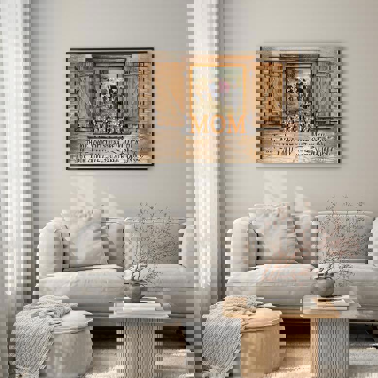 Mom love quote canvas wall art, rustic farmhouse typography on distressed wood look, bedroom decor, Mother's Day gift.