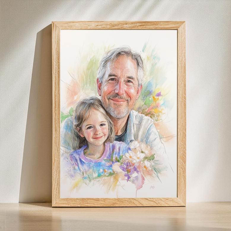 Grandpa Colorful Pencil Sketch Portrait – Unique Handcrafted Memory