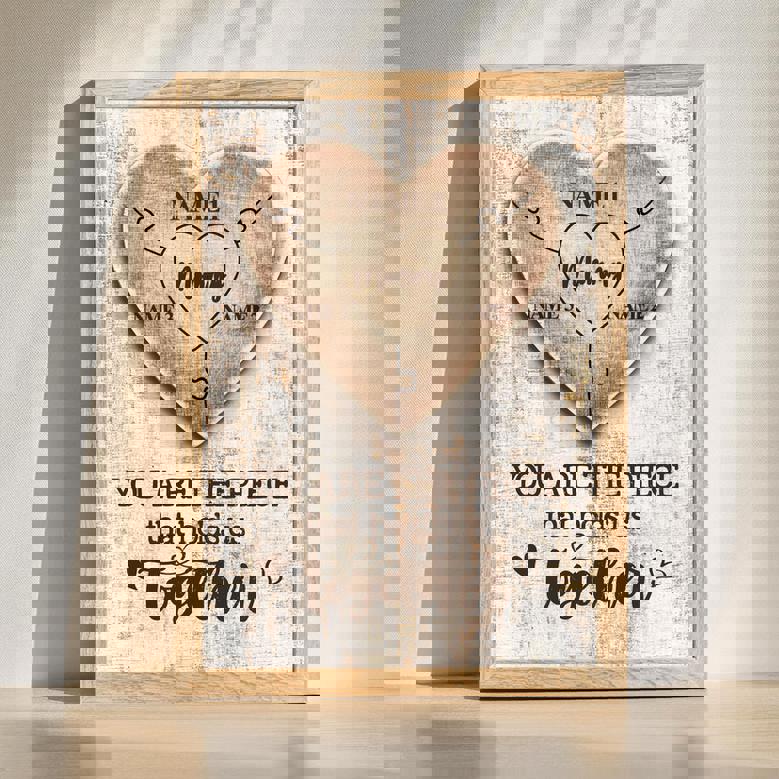 Mom heart puzzle custom canvas with central piece and family names, personalized wall art gift for Mother's Day, portrait