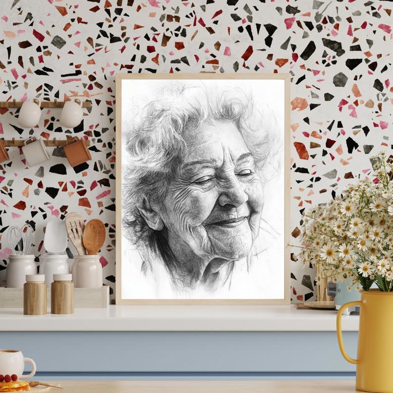 Grandma Charcoal Portrait – Classic Hand-Painted Family Art