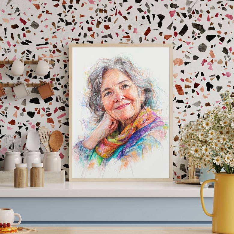 Grandma Colorful Pencil Sketch Portrait – Lively Personalized Family Art