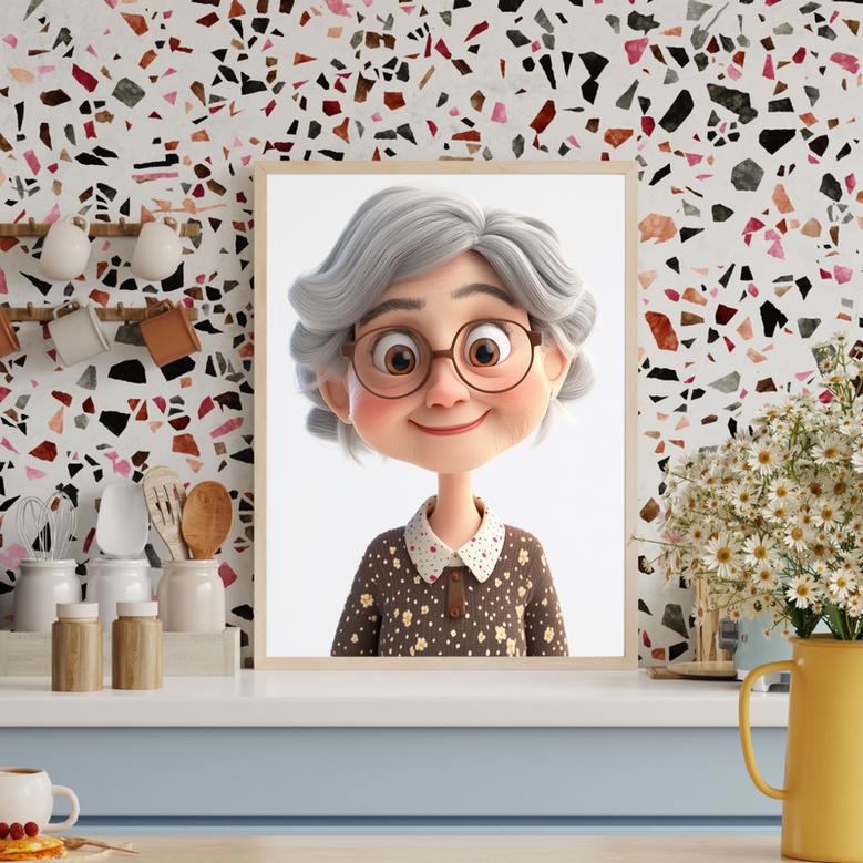 Grandma 3D Cartoon Portrait – Unique And Playful Wall Art