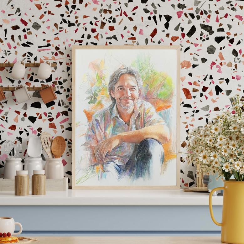 Uncle Colorful Pencil Sketch Portrait – Playful Personalized Wall Display