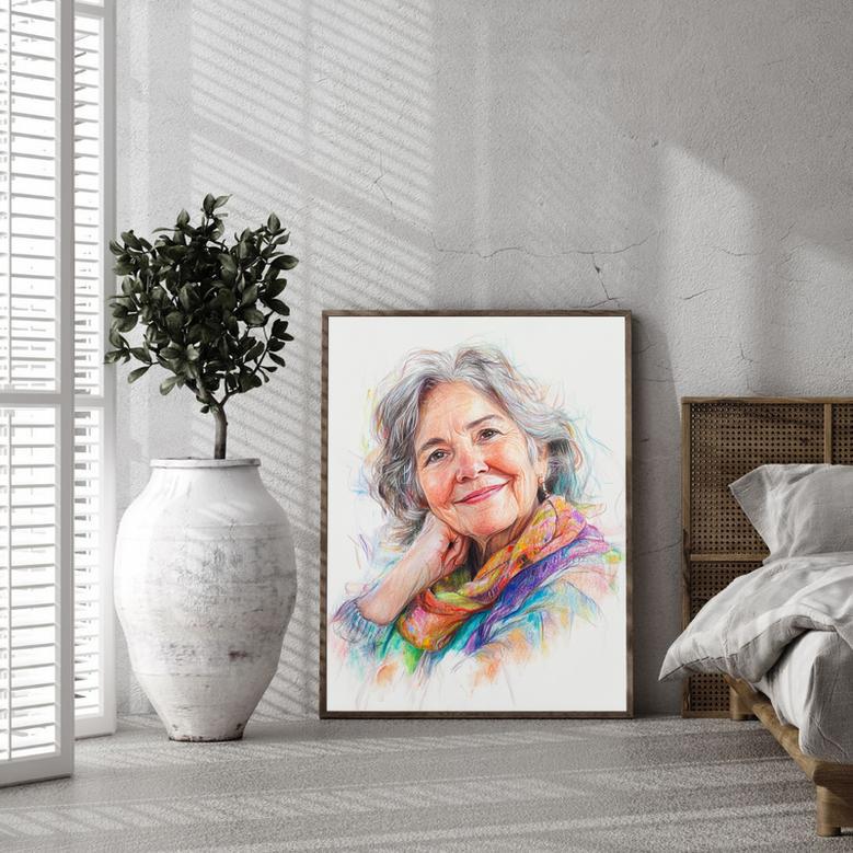 Grandma Colorful Pencil Sketch Portrait – Lively Personalized Family Art