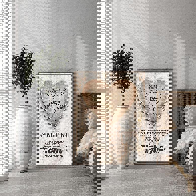 Mom heart puzzle personalized canvas with heart-shaped jigsaw pieces and family names, wall art for living room