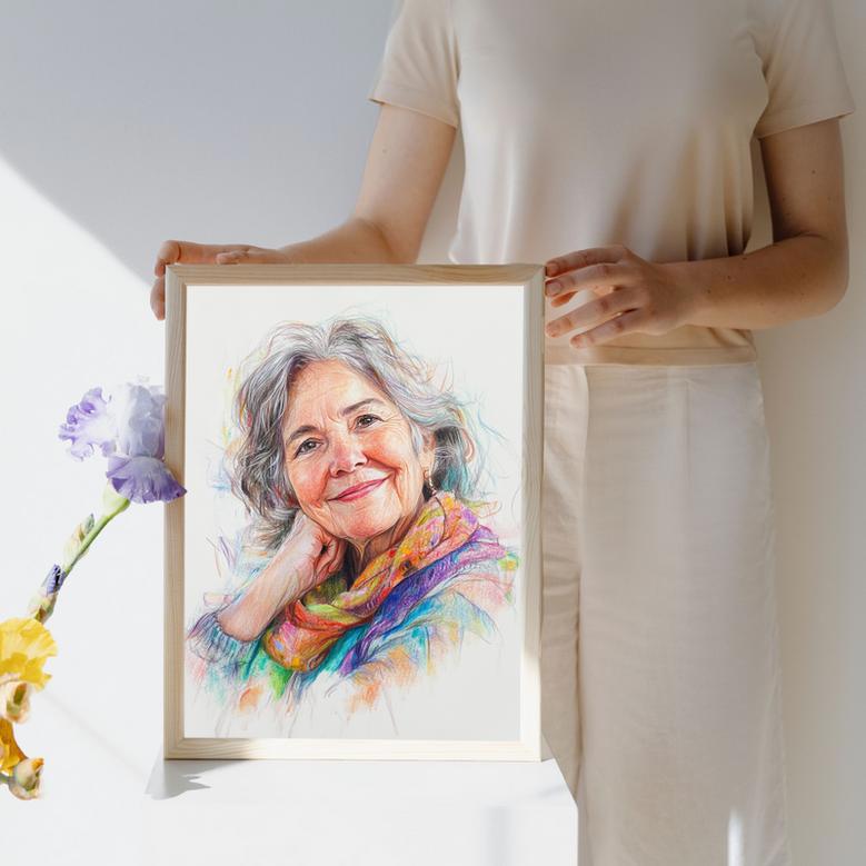 Grandma Colorful Pencil Sketch Portrait – Lively Personalized Family Art