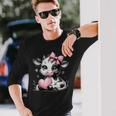 Awesome Black & White Cow Holding Heart Pink Coquette Bow Long Sleeve T-Shirt Gifts for Him