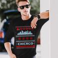 Chicago Flag City Skyline Chicago Fan Ugly Christmas Sweater Long Sleeve T-Shirt Gifts for Him