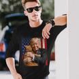 Trump Hugging An Orange Cat 2024 Make Cats Safe Again Long Sleeve T-Shirt Gifts for Him