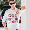 Cute Ghost Florals Pink Coquette Bows Pumpkins Halloween Long Sleeve T-Shirt Gifts for Him