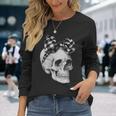 Skull Coquette Bow Halloween Black And White Checkered Bow Long Sleeve T-Shirt Gifts for Her