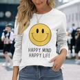 Donna Happy Mind Happy Life Yellow Smile Face Motivazione Citazione Con Collo A Maglietta a maniche lunghe Regalos para ella