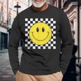 Amarilla De Los Años 70 Con Cara Sonriente A Cuadros Camiseta de manga larga Regalos para ancianos
