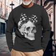 Skull Coquette Bow Halloween Black And White Checkered Bow Long Sleeve T-Shirt Gifts for Old Men