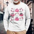 Cute Ghost Florals Pink Coquette Bows Pumpkins Halloween Long Sleeve T-Shirt Gifts for Old Men