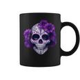 Purple Floral Black Sugar Skull Day Of The Dead Mexican Pray Coffee Mug