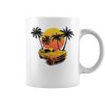 Mar Sol Y Playa Retro Atardecer Palmeras Coche Blanco Taza de café