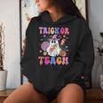 Trick Or Teach Groovy Halloween Floral Ghost Teacher Women Hoodie Gifts for Her