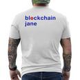Donna Blockchain Jane Bitcoin Logo Blu Rosso T-shirt da uomo con stampa posteriore