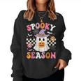 Spooky Season Ghost Holding Pumpkin Groovy Halloween Ghost Women Sweatshirt