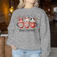 Meowy Christmas Cute Cats And Coffee Merry Xmas Graphic Women Sweatshirt Personalized Gifts