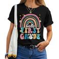 Groovy Rainbow Hello First Grade First Day Teacher Kid Women T-shirt