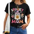 Groovy Spooky Mom Retro Ghost Holding Pumpkin Halloween Women T-shirt