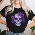 Purple Floral Black Sugar Skull Day Of The Dead Mexican Pray Women T-shirt Gifts for Her