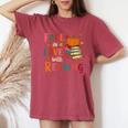 Fall In Love With Reading Autumn Thanksgiving Teacher Women's Oversized Comfort T-Shirt Blue Jean