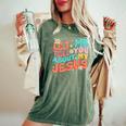 Let Me Tell You About My Jesus Groovy Christian Faith Trendy Women's Oversized Comfort T-Shirt Moss