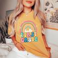 Groovy Rainbow Hello First Grade First Day Teacher Kid Women's Oversized Comfort T-Shirt Mustard