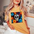 Tête De Mort Mexicaine Dia De Muertos Jour Des Morts Floral T-shirt oversize confortable pour femme Mustard