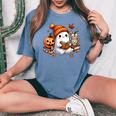 Halloween Ghost Reading Book Pumpkin Coffee Late Women's Oversized Comfort T-Shirt Blue Jean