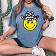 Lindo Western Country Cowgirl Sombrero Estrella Amarillo Sonrisa Cara Chica Cuello Camiseta extragrande cómoda para mujer Blue Jean