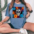 Tête De Mort Mexicaine Dia De Muertos Jour Des Morts Floral T-shirt oversize confortable pour femme Blue Jean