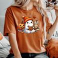 Halloween Ghost Reading Book Pumpkin Coffee Late Women's Oversized Comfort T-Shirt Yam