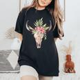 Cow Head Skull Buffalo Bull Floral Animal Lovers T-shirt comoda oversize da donna Black