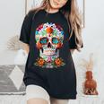 Floral Sugar Skull Day Of Dead Dia De Los Muertos Donne Uomini T-shirt comoda oversize da donna Black