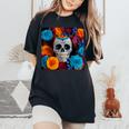 Tête De Mort Mexicaine Dia De Muertos Jour Des Morts Floral T-shirt oversize confortable pour femme Black