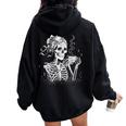 Skeleton Messy Bun Coffee Halloween Coffee Lover Mom Women Oversized Hoodie Back Print Black